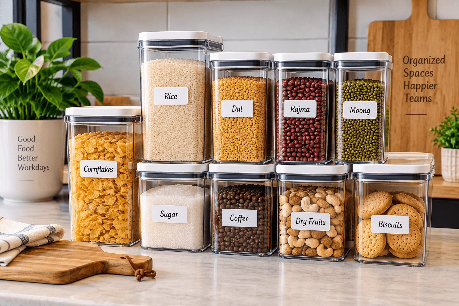 Pantry storage containers for workplace and corporate pantry