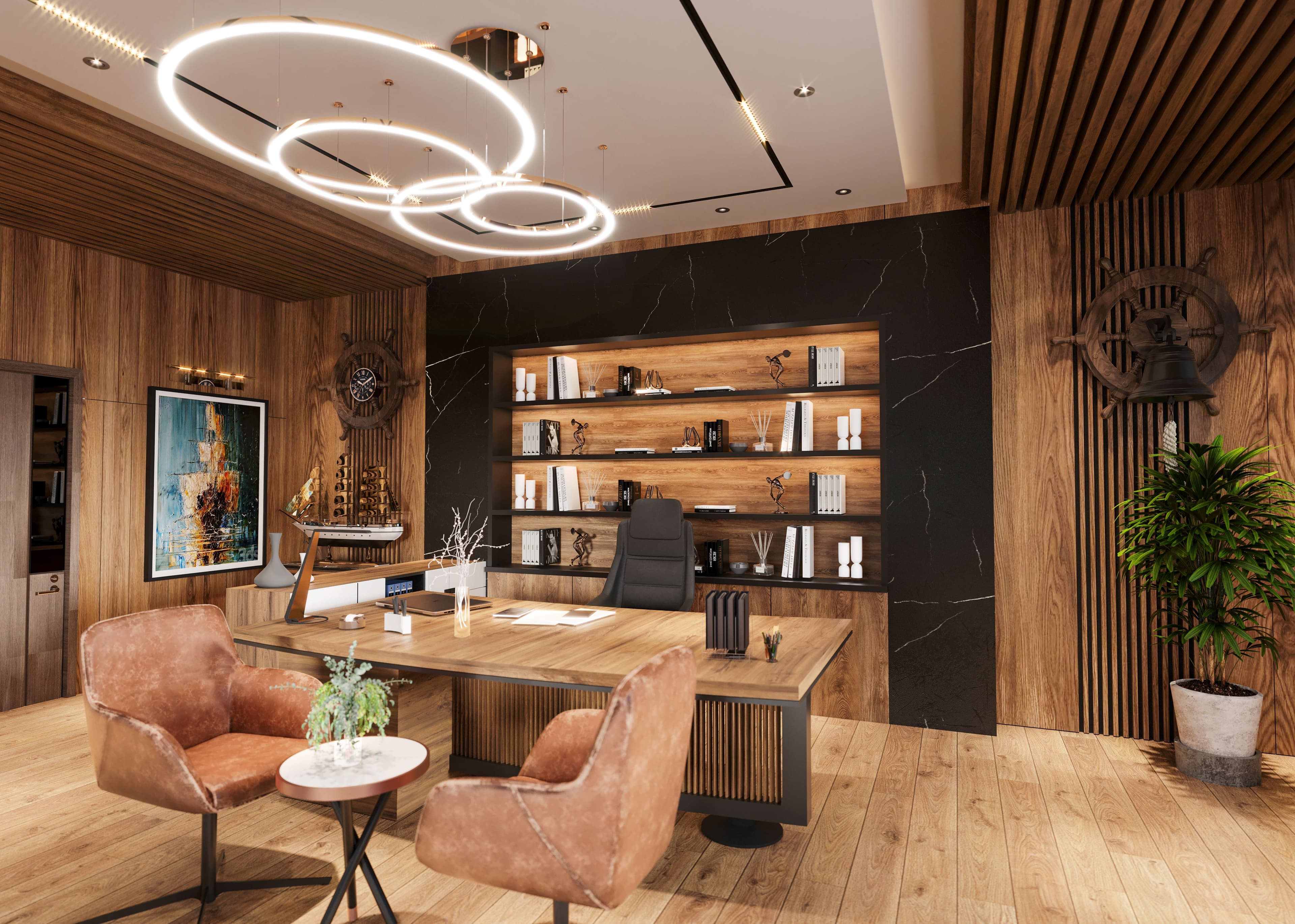 Contemporary office interior with wood panelling, a feature bookshelf and a meeting area